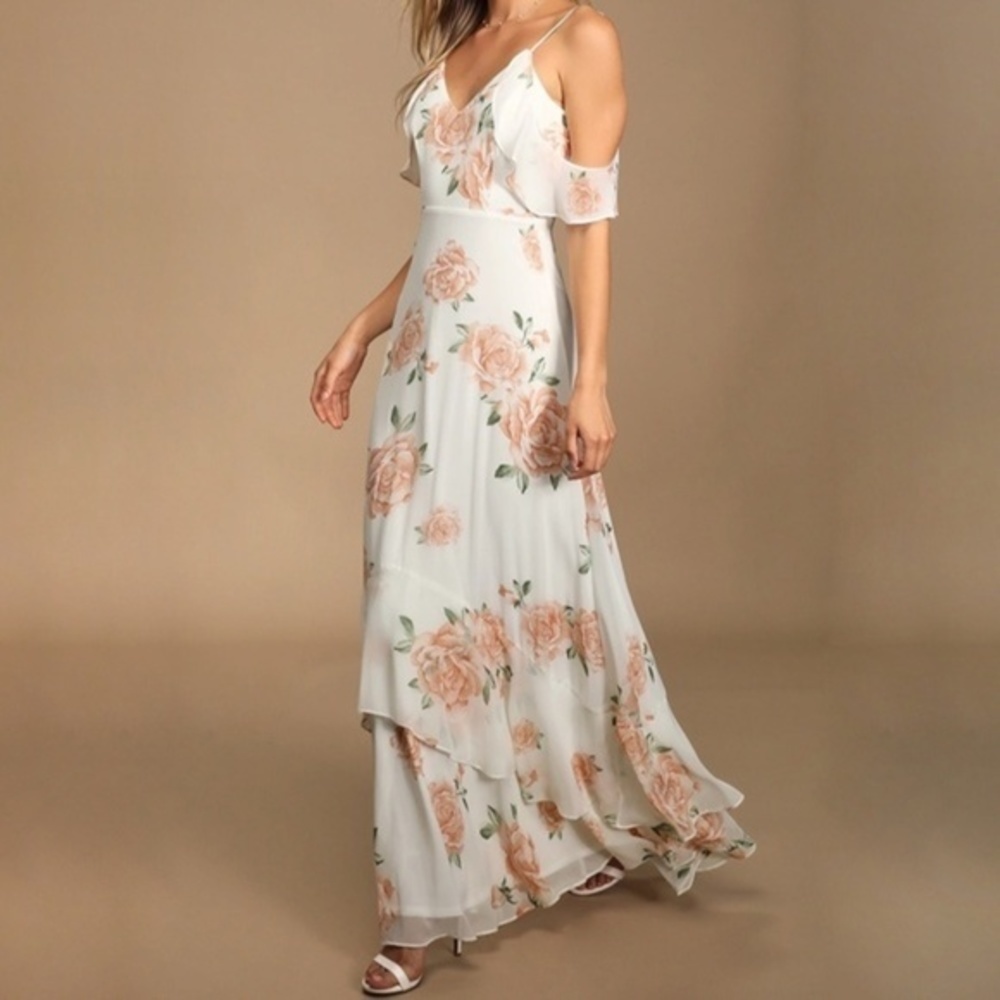 Lulu's White Maxi Dress with Blush Floral Print - Picture 1 of 12